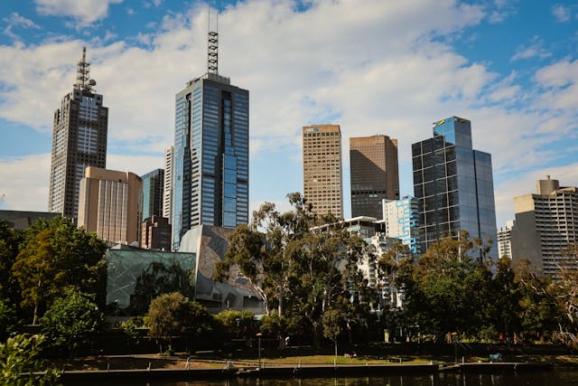 Melbourne skyline with skyscrapers beside the Yarra River and parkland